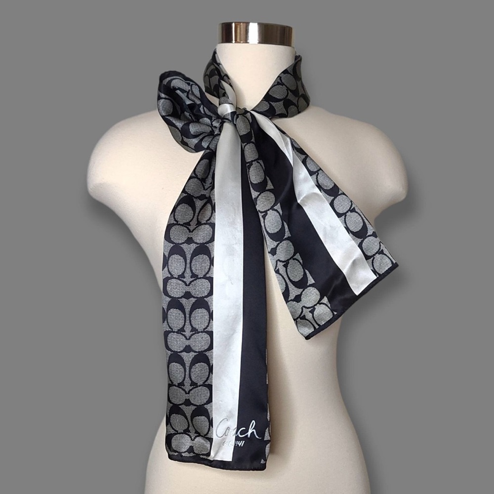 Black & White Coach Logo Designer Silk Scarf 10" x 60" long Vintage F98839 NWT